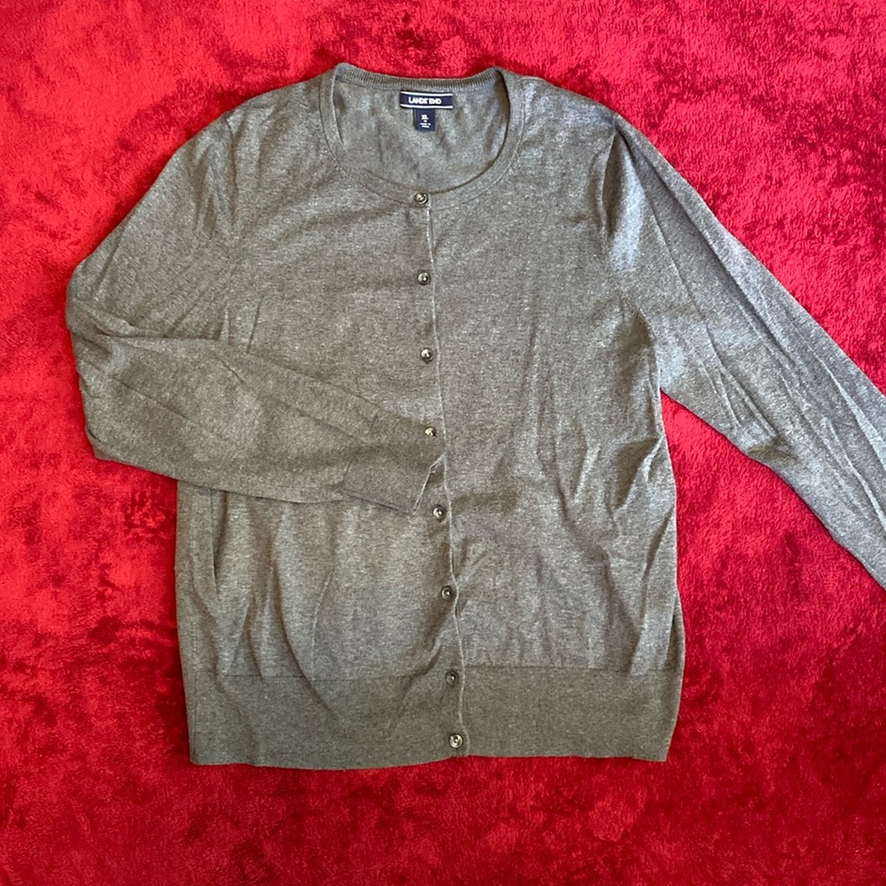 Lands' End Women's Lightweight Crew Cardigan Sweater, Gray XL (18)